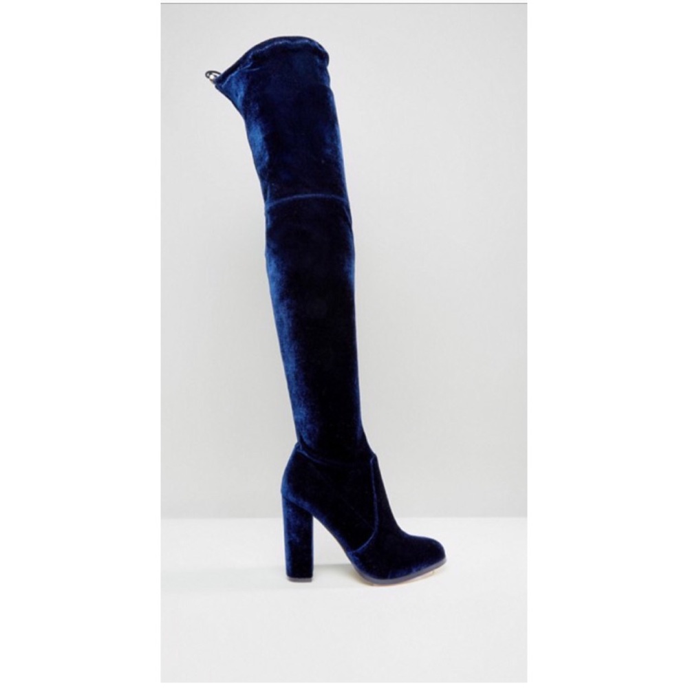 ASOS blue velvet thigh high boots